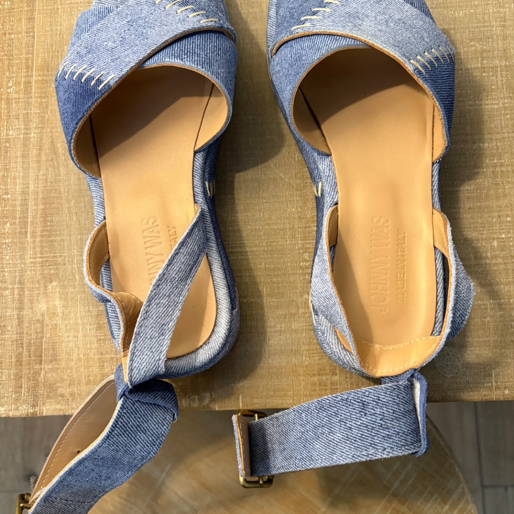 Johnny Was PATCHWORK LEATHER JEAN PLATFORM SANDAL sz 38 - Picture 7 of 11